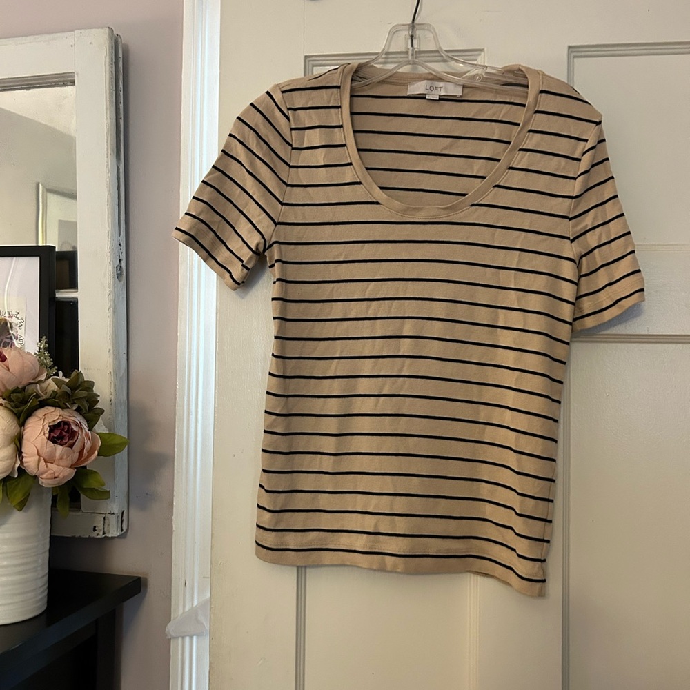 LOFT Tan and Black Striped Short Sleeve Tee